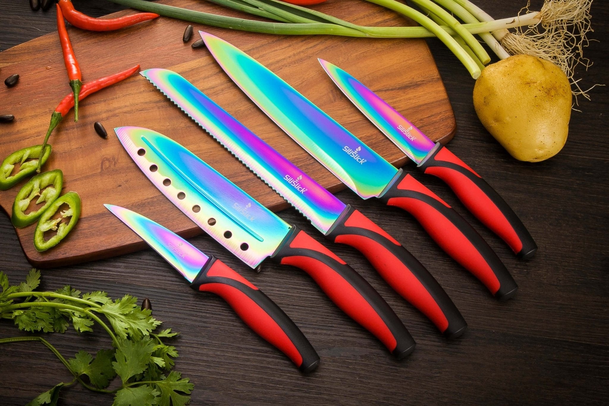 Kitchen Knife Set Kit | Red Handle & Black Magnetic Rack - JenJaz Collections