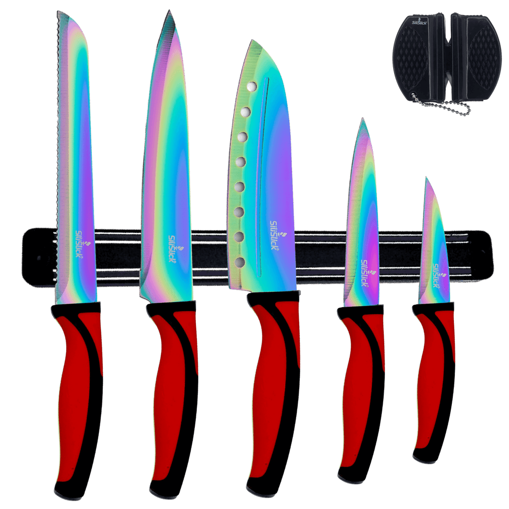 Kitchen Knife Set Kit | Red Handle & Black Magnetic Rack - JenJaz Collections