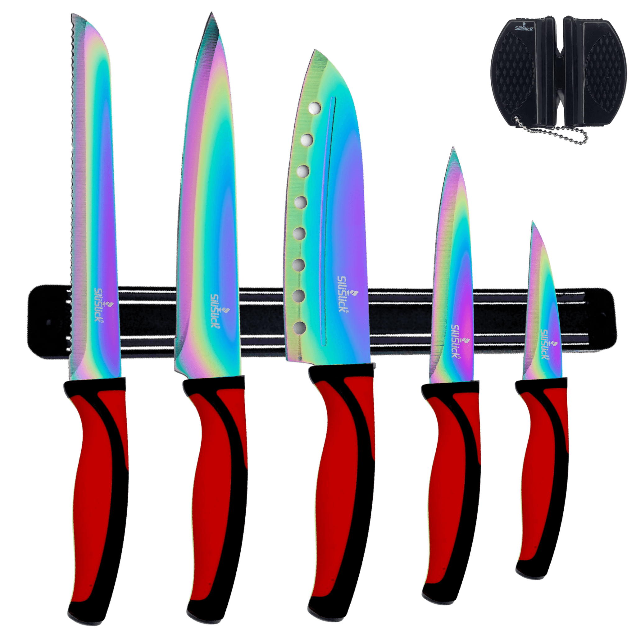 Kitchen Knife Set Kit | Red Handle & Black Magnetic Rack - JenJaz Collections